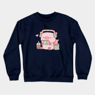 Cute Pig Gamer With Headphones and Snacks Crewneck Sweatshirt